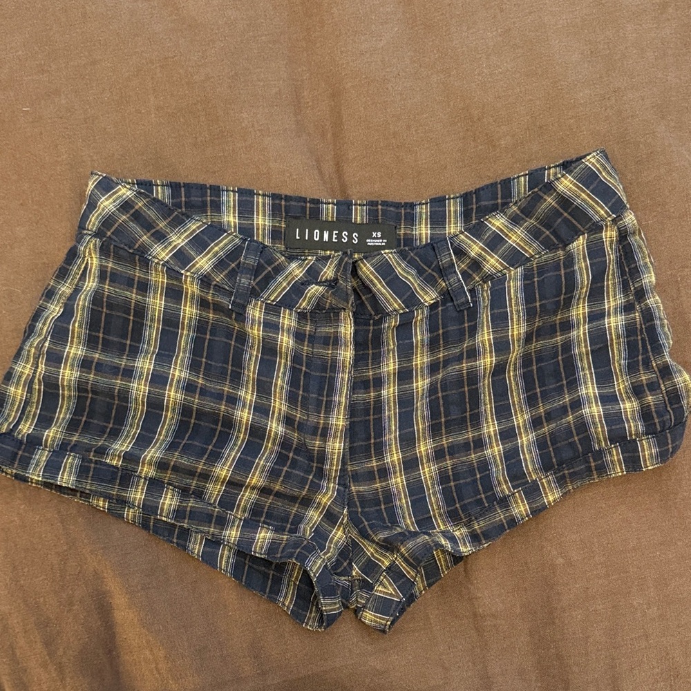 Lioness Navy & Yellow Plaid High-Waist Women’s Shorts